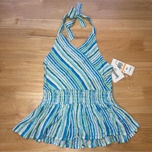 Speechless Smocked Elastic Waist Striped Halter Top Girls S Blue White Green